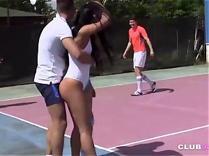 4 naughty teens deep-throat and shag on tennis court